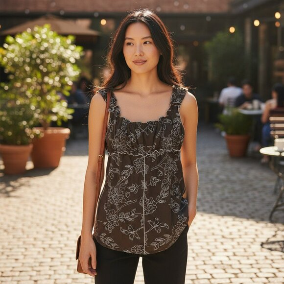 BCBGMAXAZRIA Medium Brown Floral Embroidered Top Babydoll Shirt Blouse Y2K - Picture 1 of 8